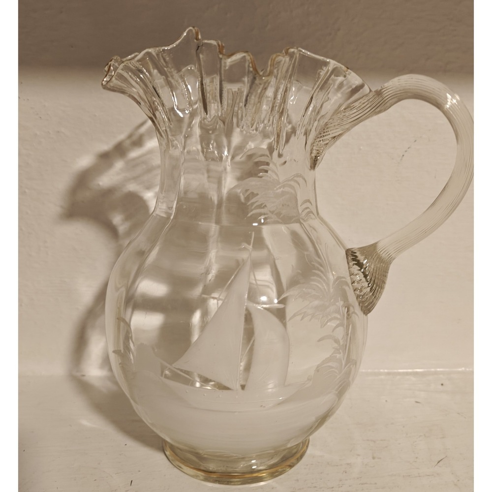 Vintage MARY GREGORY Hand Painted Clear Glass Pitcher Sailboat